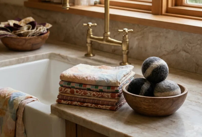 a wooden bowl holding a few wool dryer balls in "stone" style, alongside a stack of folded linen tea towels, sits beside a sink